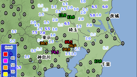 相模原市で70ミリを超える集中豪雨＠16時の気象庁データ