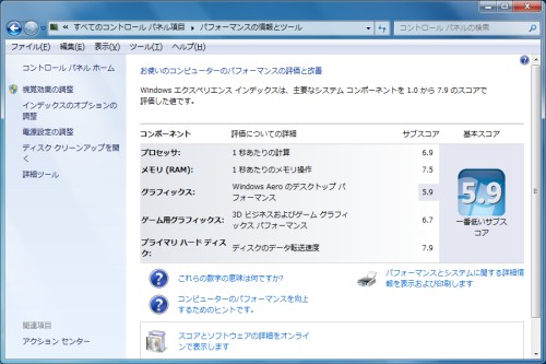 Windows7エクスペリエンスインデックス